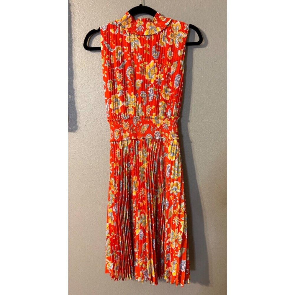 Nanette Lepore Dress 4 Pleat Mock Neck Smocked Red Orange Yellow Floral Washable - Picture 8 of 9